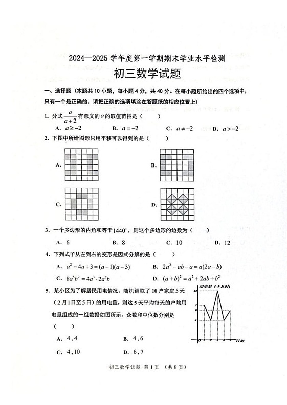 山东省淄博市高新区2024-2025学年八年级上学期1月期末数学试题第1页