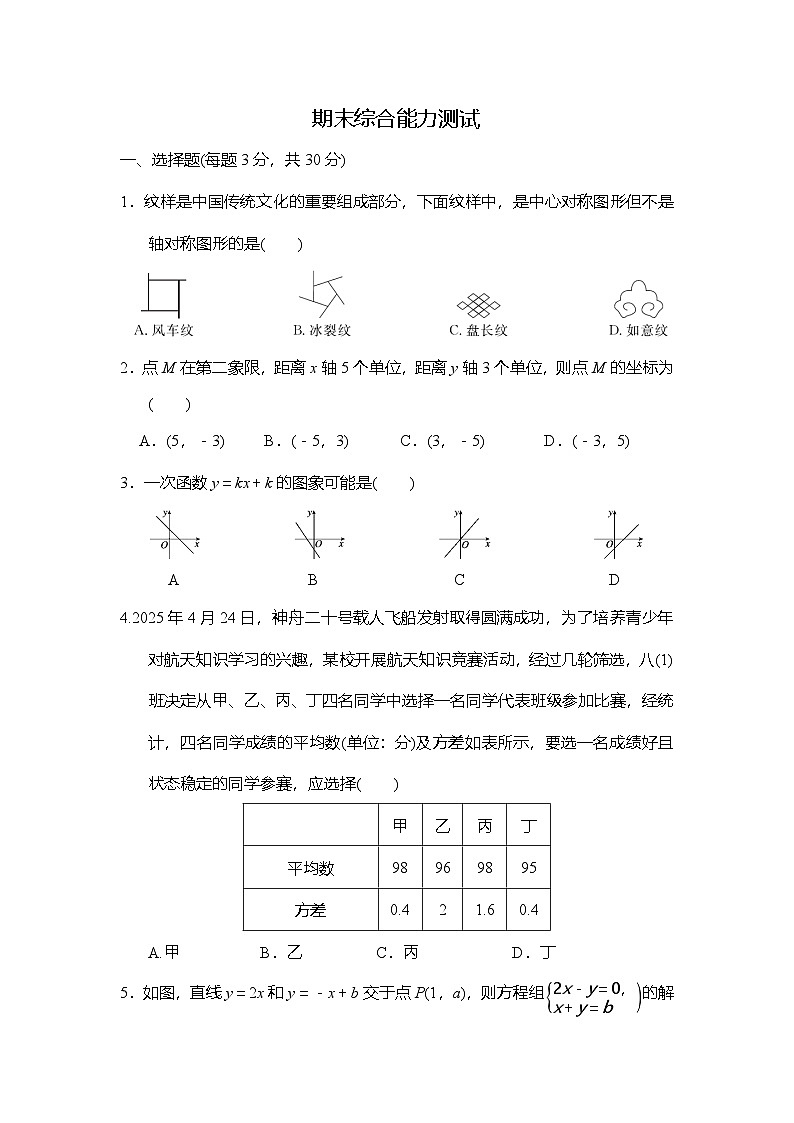 湘教版（2024）数学八年级下册 期末综合能力测试 （含答案）第1页