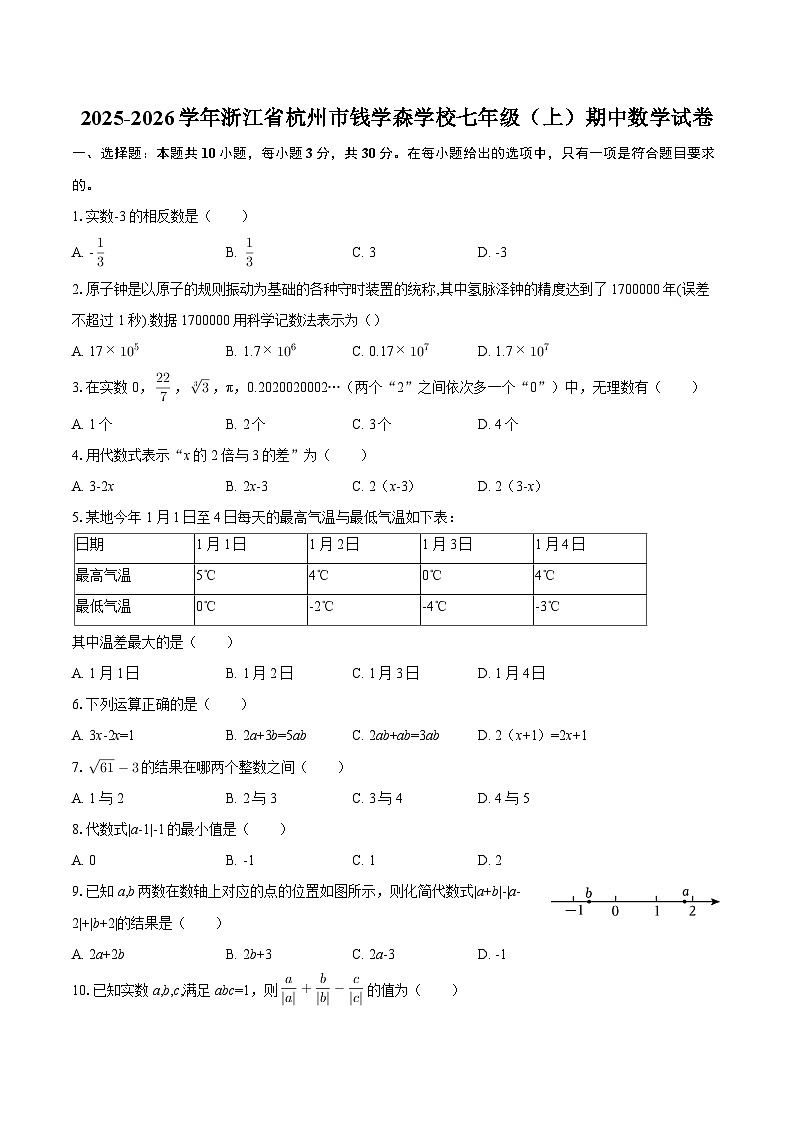2025-2026学年浙江省杭州市钱学森学校七年级（上）期中数学试卷-自定义类型第1页