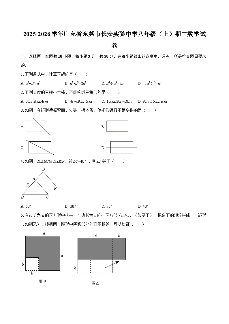 2025-2026学年广东省东莞市长安实验中学八年级（上）期中数学试卷-自定义类型第1页