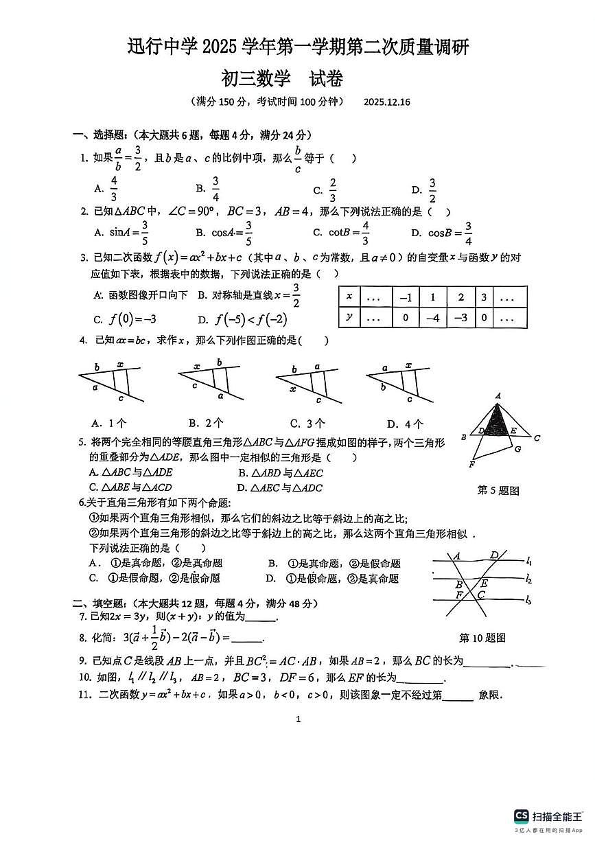 上海市民办迅行中学2025-2026学年九年级上学期12月月考数学试题第1页