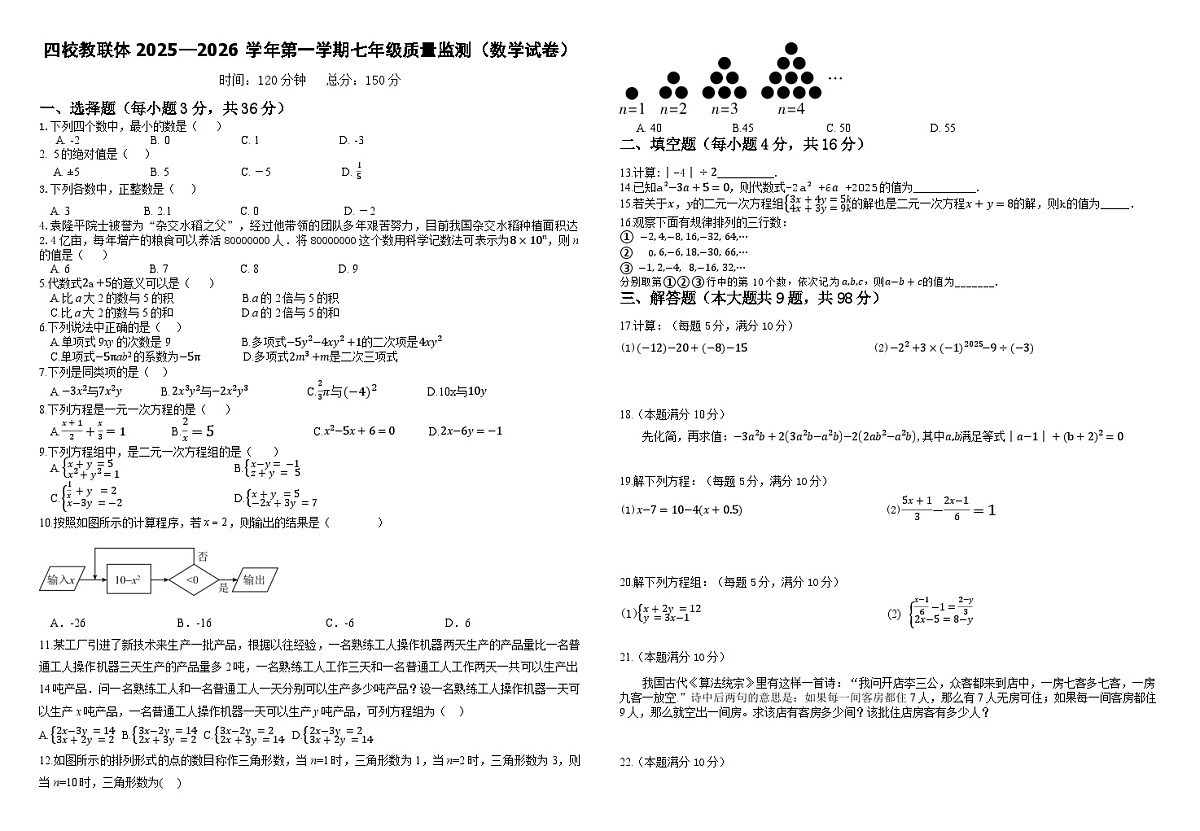 2025秋季铜仁二中初中教联体12月份 四校联考月考 七年级上册数学试卷第1页