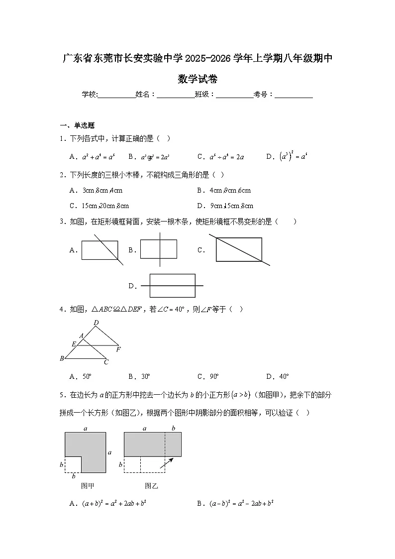广东省东莞市长安实验中学2025-2026学年上学期八年级期中数学试卷第1页