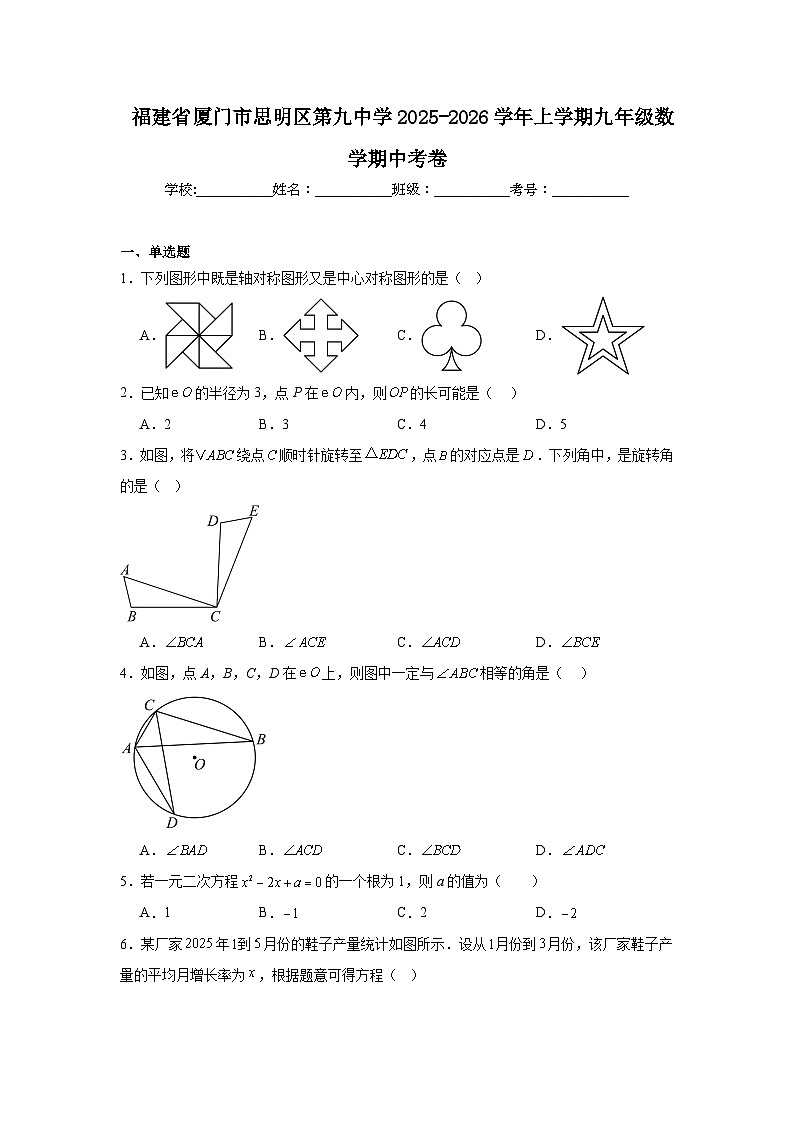 福建省厦门市思明区第九中学2025-2026学年上学期九年级数学期中考卷第1页