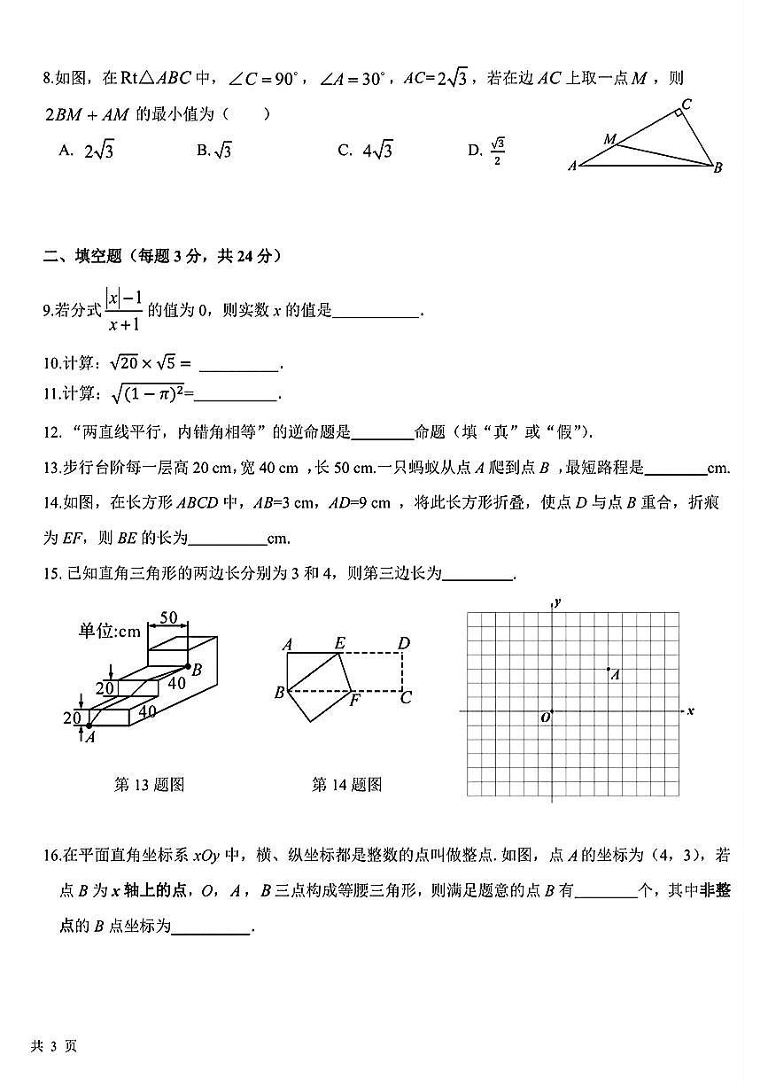 2025年北京师达中学初二上12月月考数学试卷第2页