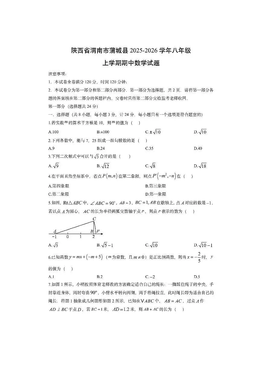 陕西省渭南市蒲城县2025-2026学年八年级上学期期中数学试卷（学生版）第1页