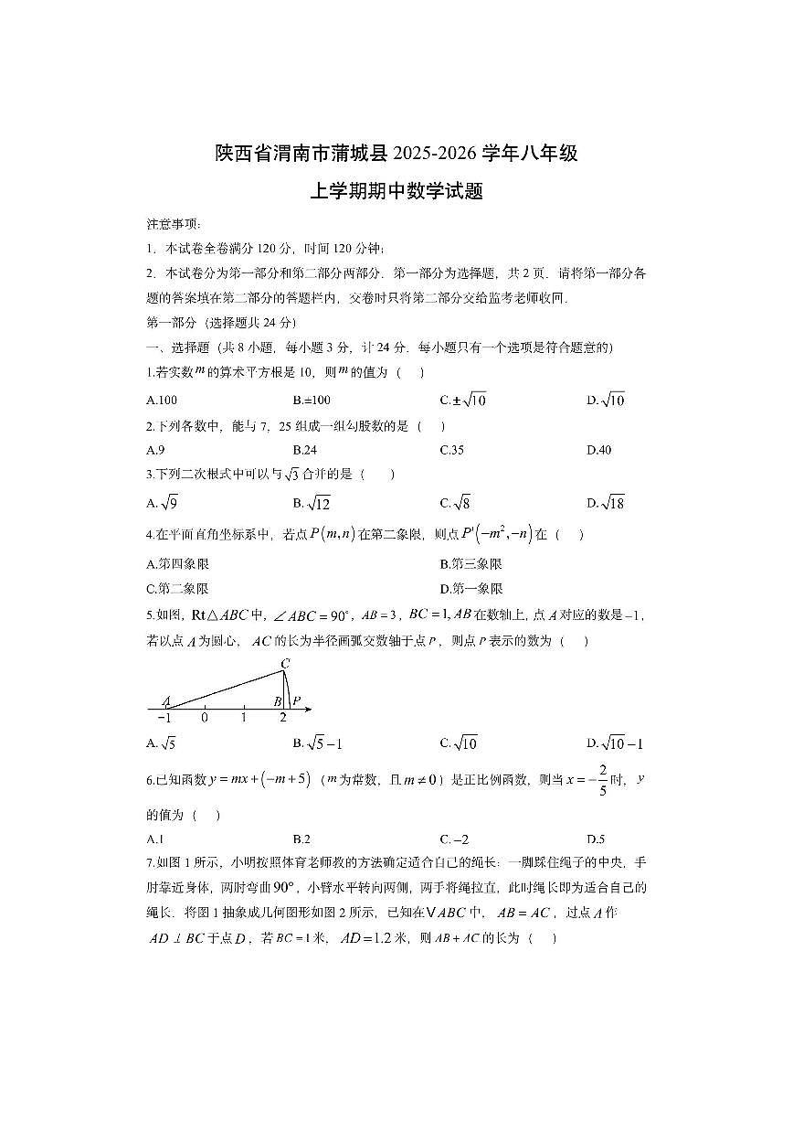 陕西省渭南市蒲城县2025-2026学年八年级上学期期中数学试卷（学生版）第1页