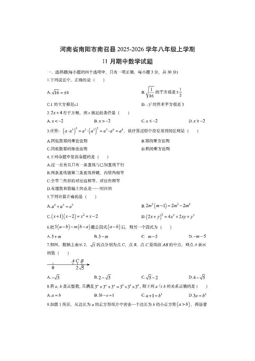 河南省南阳市南召县2025-2026学年八年级上学期11月期中数学试卷（学生版）第1页