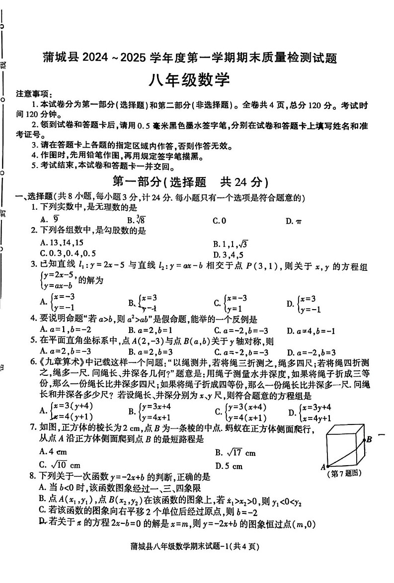 陕西省渭南市蒲城县2024-2025学年八年级上学期1月期末数学试题第1页