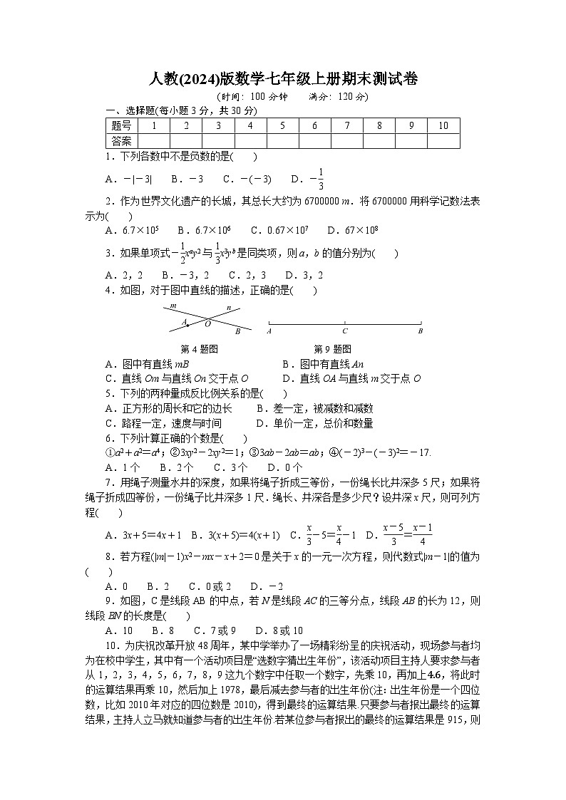 人教(2024)版数学七年级上册期末测试卷（含答案）第1页