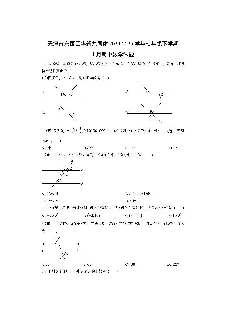 天津市东丽区华新共同体2024-2025学年七年级下学期4月期中数学试卷（学生版）第1页
