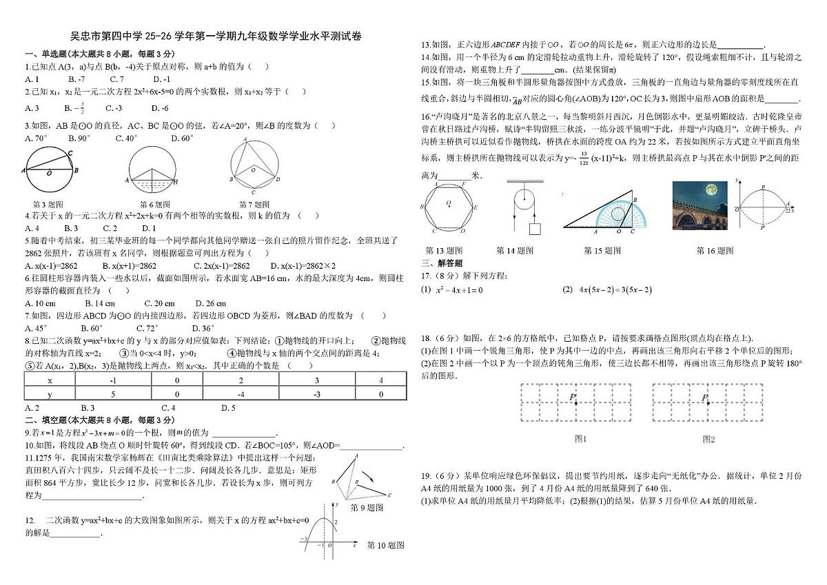 宁夏吴忠市第四中学2025-2026学年上学期12月月考九年级数学试卷第1页