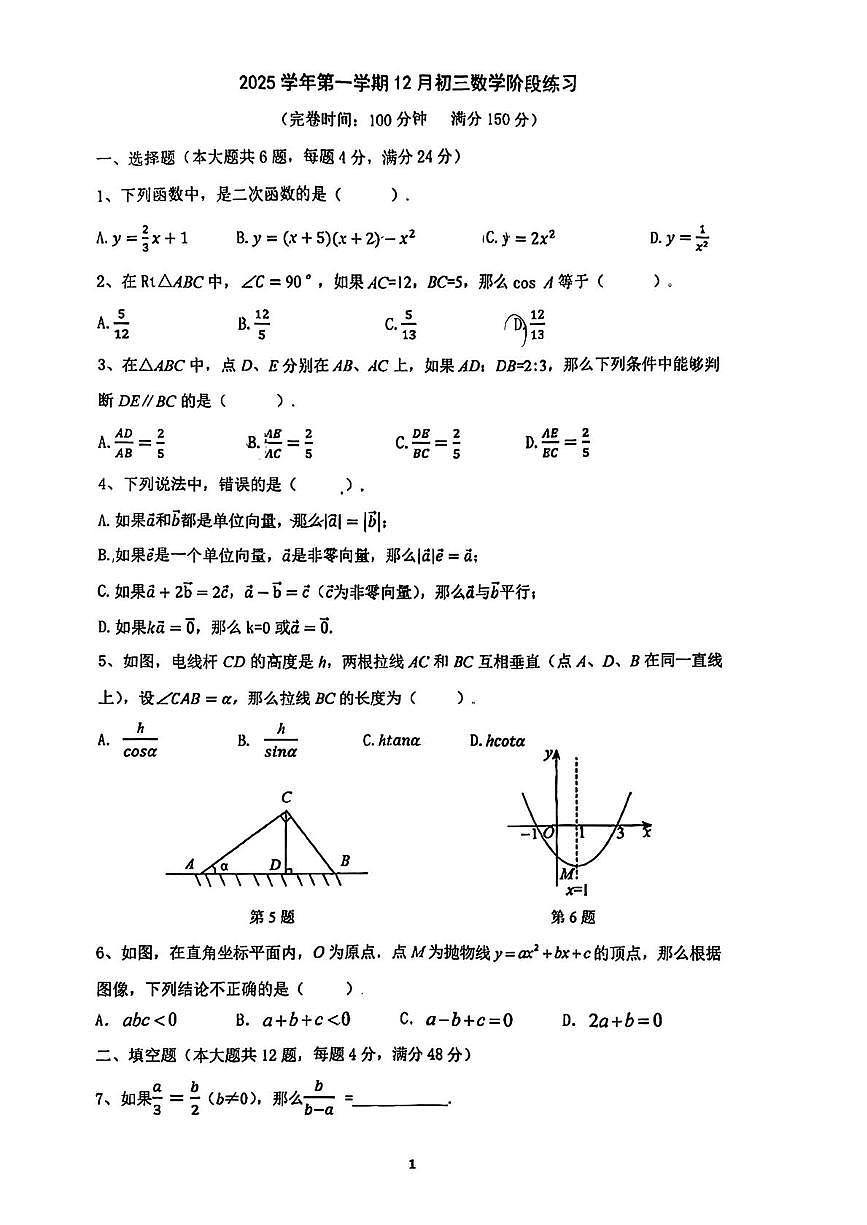 上海市浦东新区建平南汇实验学校2025-2026学年九年级上学期12月月数学试卷第1页