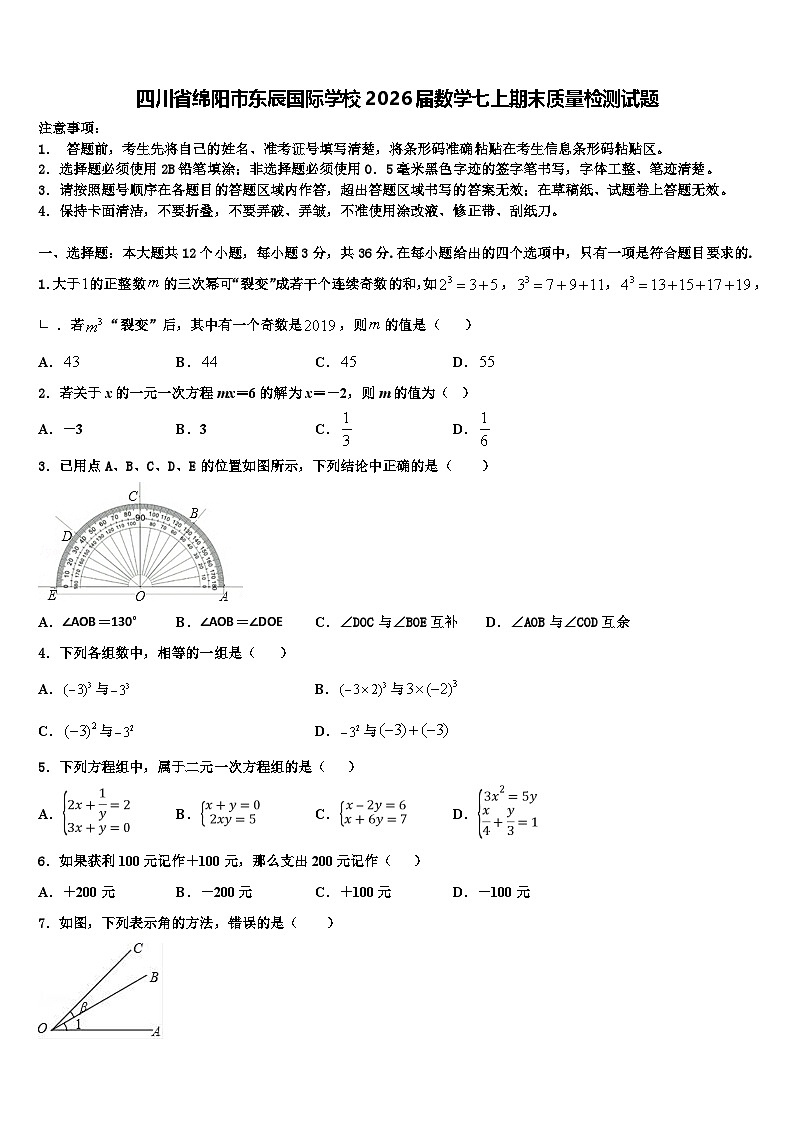 四川省绵阳市东辰国际学校2026届数学七上期末质量检测试题含解析第1页