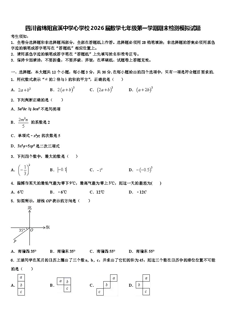 四川省绵阳宜溪中学心学校2026届数学七年级第一学期期末检测模拟试题含解析第1页