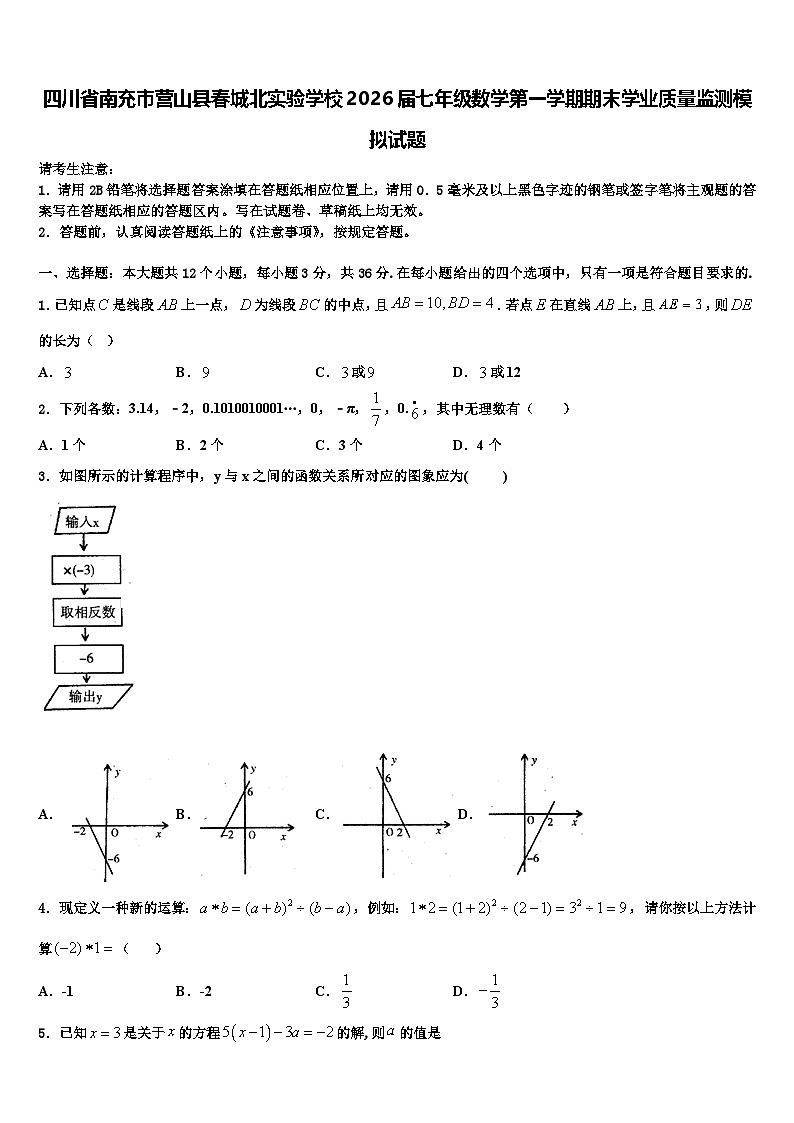 四川省南充市营山县春城北实验学校2026届七年级数学第一学期期末学业质量监测模拟试题含解析第1页