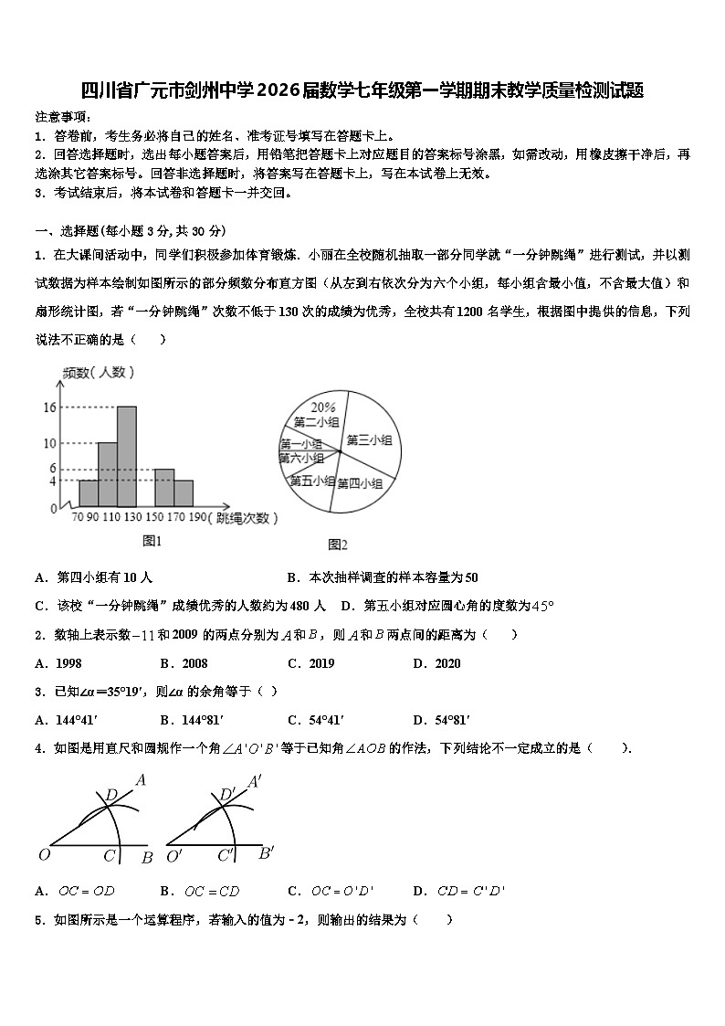 四川省广元市剑州中学2026届数学七年级第一学期期末教学质量检测试题含解析第1页
