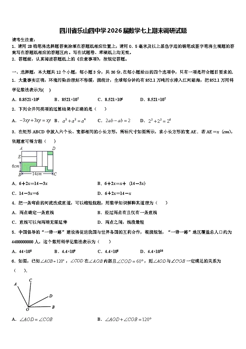 四川省乐山四中学2026届数学七上期末调研试题含解析第1页