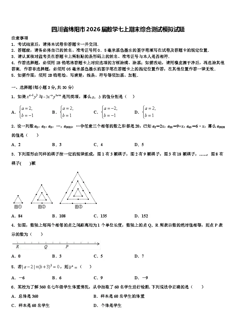 四川省绵阳市2026届数学七上期末综合测试模拟试题含解析第1页