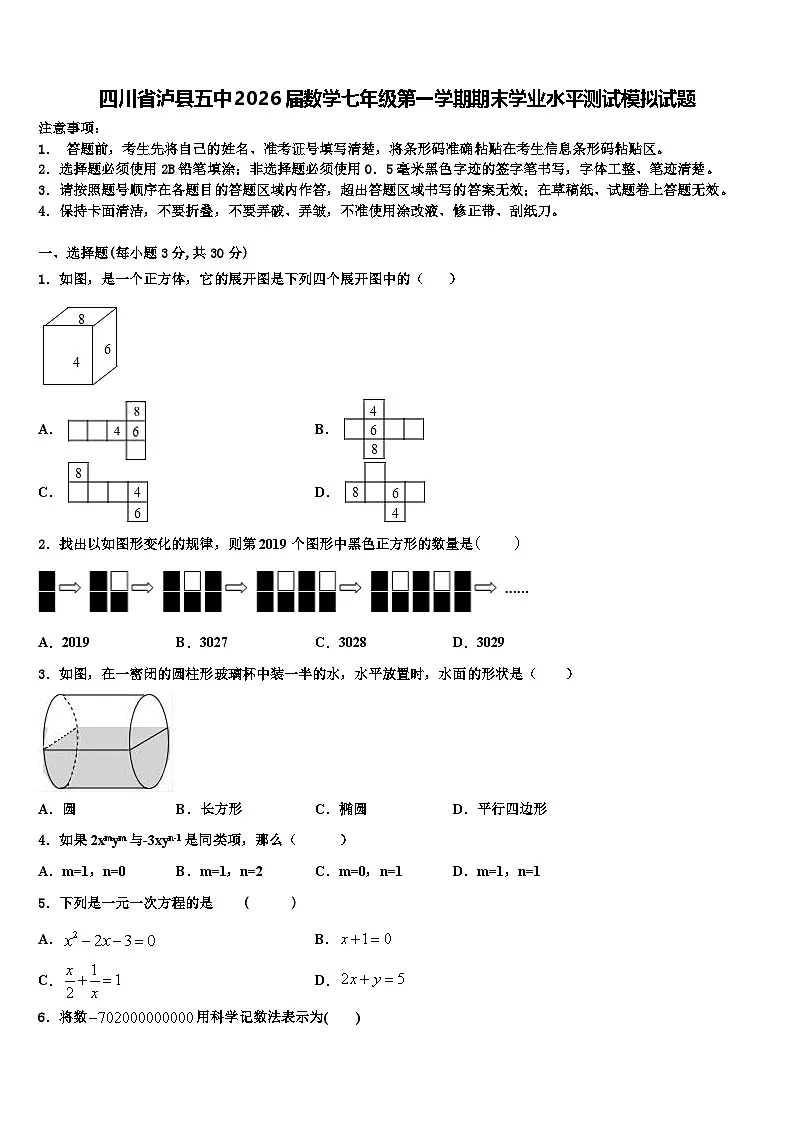 四川省泸县五中2026届数学七年级第一学期期末学业水平测试模拟试题含解析第1页