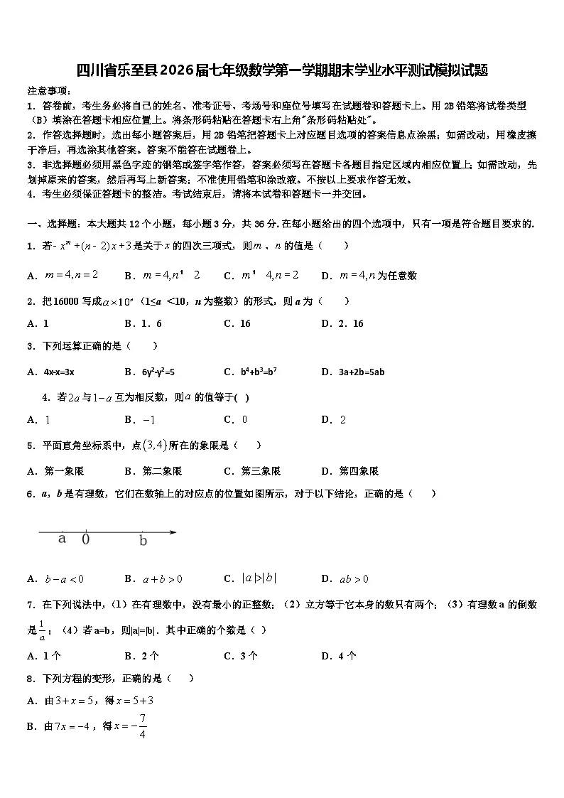 四川省乐至县2026届七年级数学第一学期期末学业水平测试模拟试题含解析第1页