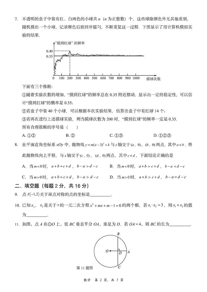2025北京清华附中朝阳学校初三（上）月考统练二数学试卷第2页