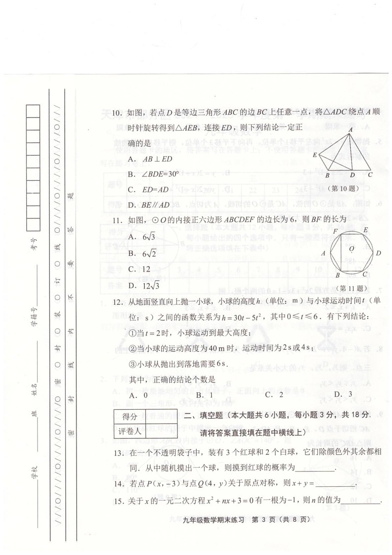 天津市武清区2024-2025学年九年级上学期1月期末数学试题第3页