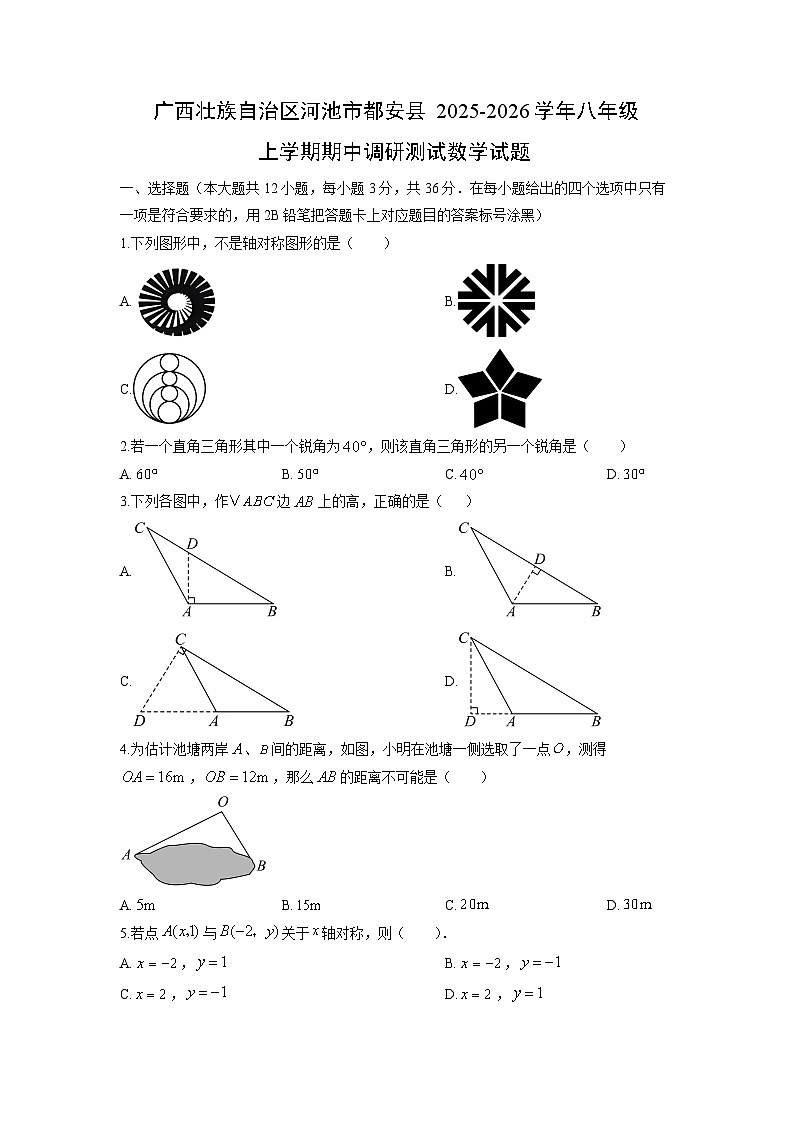 广西壮族自治区河池市都安县2025-2026学年八年级上学期期中调研测试数学试卷（学生版）第1页