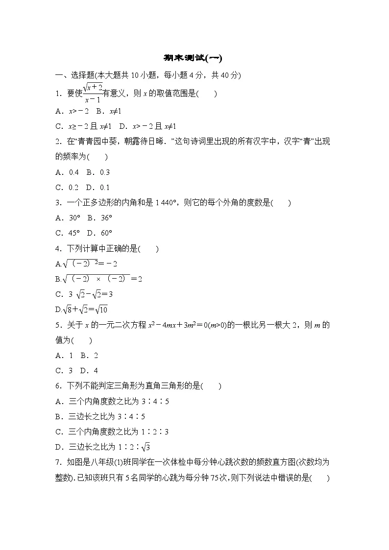 沪科版（2024）数学八年级下册 期末测试(一)(试卷含答案）第1页