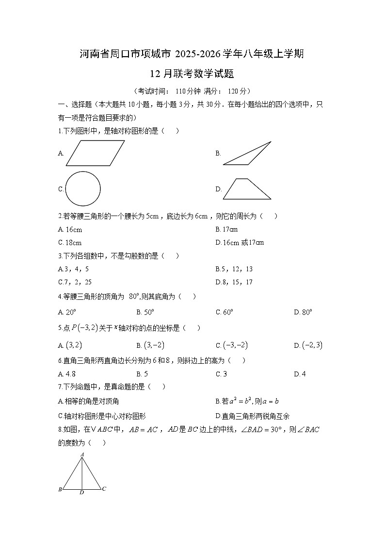 河南省周口市项城市2025-2026学年八年级上学期12月联考数学试卷（学生版）第1页