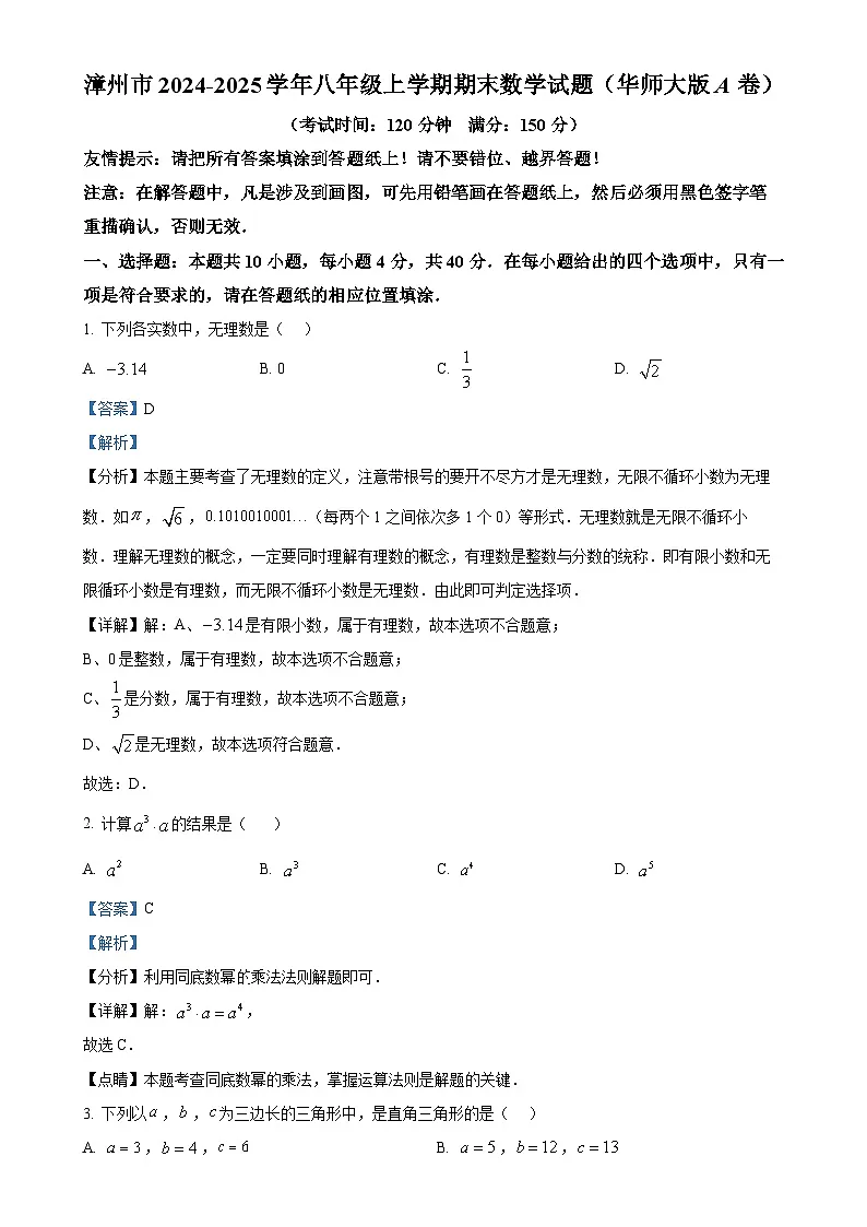 福建省漳州市2024—-2025学年八年级上学期期末教学质量检测数学试题(华师大版A卷)（解析版）-A4第1页
