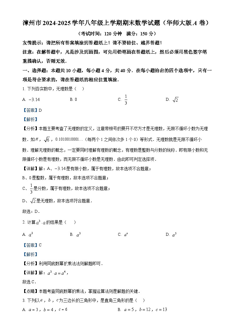 福建省漳州市2024—-2025学年八年级上学期期末教学质量检测数学试题(华师大版A卷)（解析版）-A4第1页