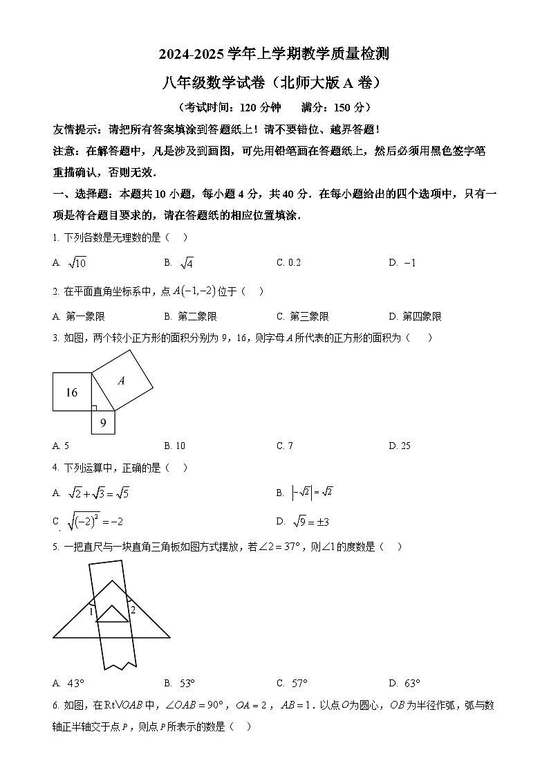 福建省漳州市2024—2025学年八年级上学期期末教学质量检测数学北师大版A卷（原卷版）-A4第1页
