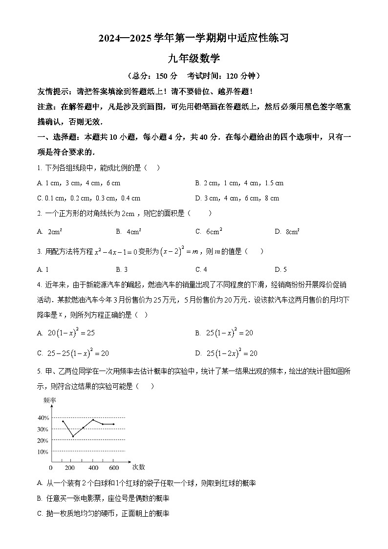 福建省漳州市台商投资区交通中学上学期期中教学质量检测九年级数学试卷（原卷版）-A4第1页