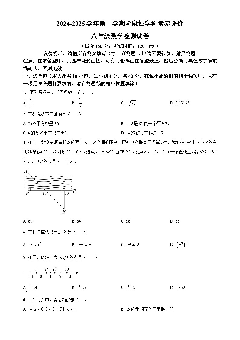 福建省漳州市东山县2024—2025学年上学期八年级期中考试数学试题（原卷版）-A4第1页