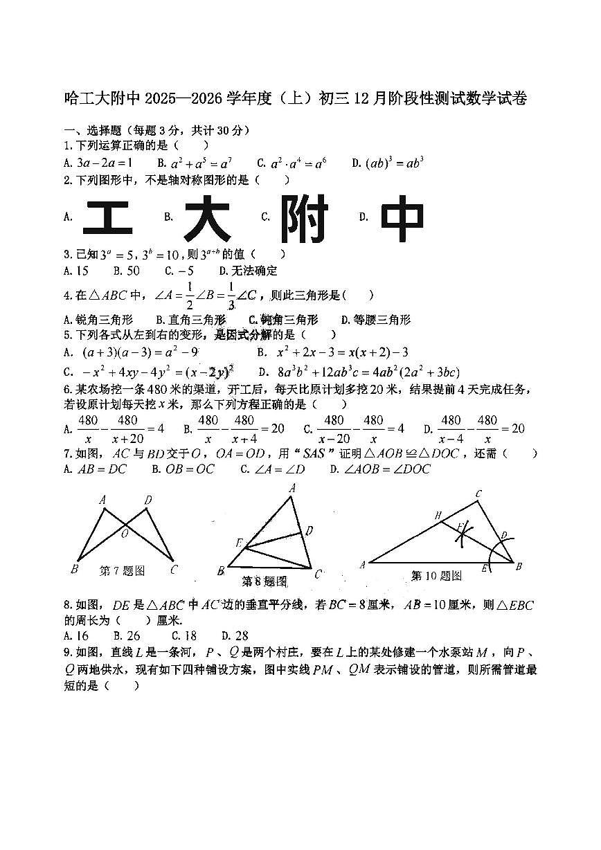 2025年哈尔滨工业大学附属中学八年级上学期数学12月月考试卷及答案第1页