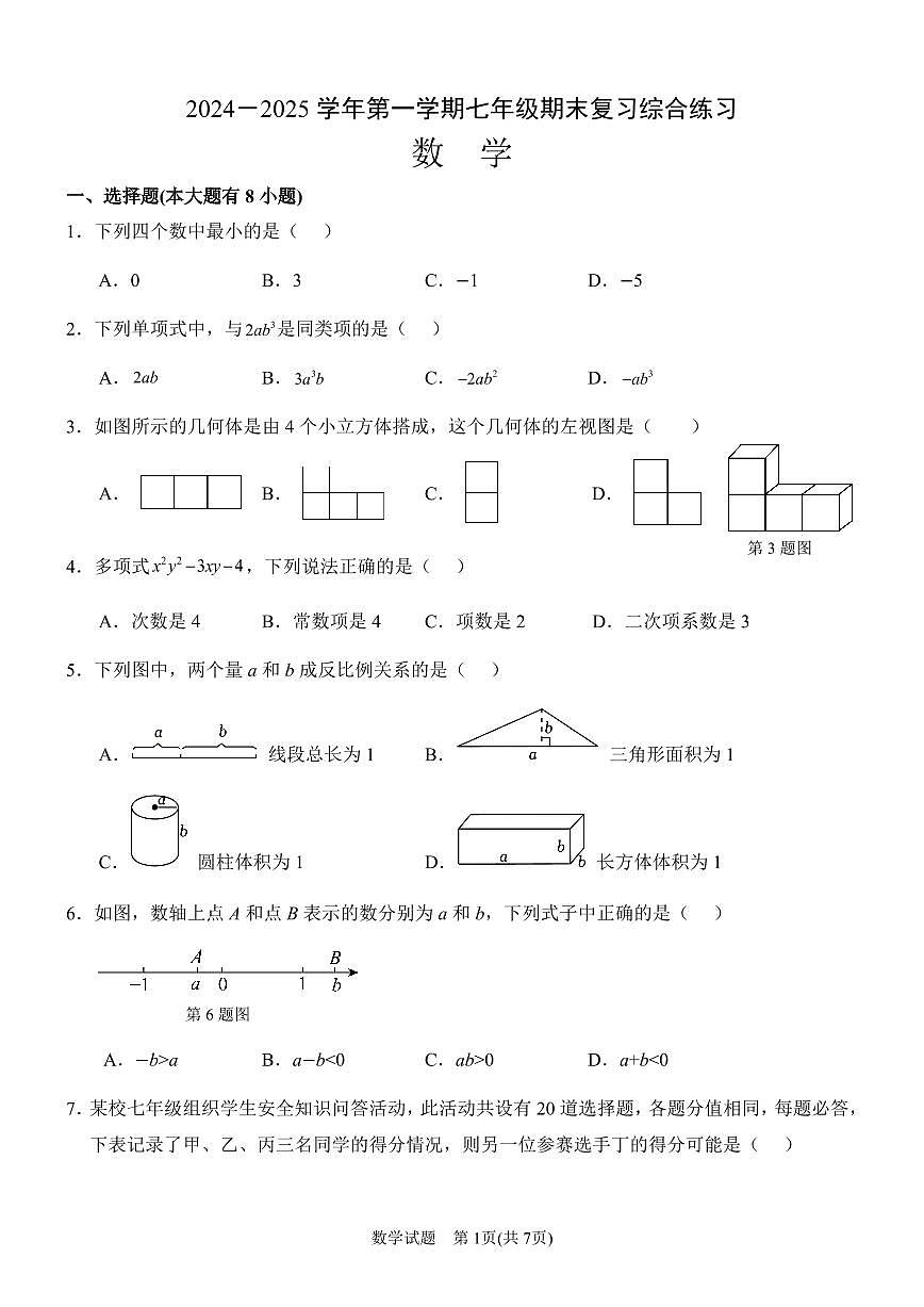 2024－2025学年第一学期七年级数学期末复习卷第1页