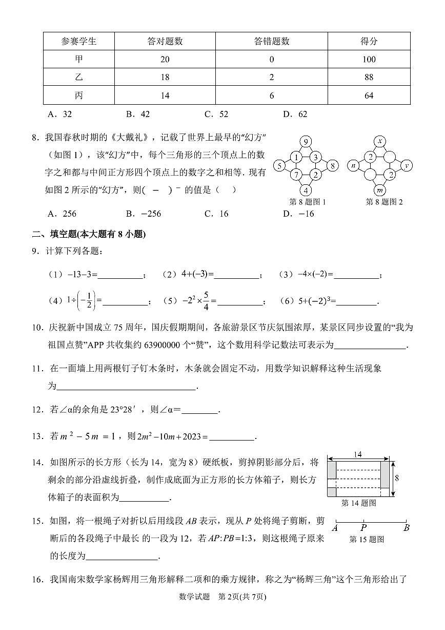 2024－2025学年第一学期七年级数学期末复习卷第2页