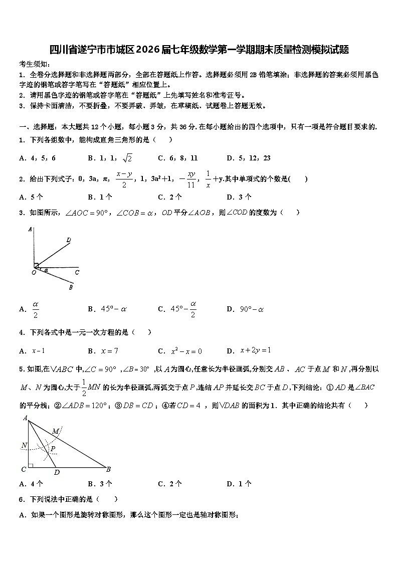 四川省遂宁市市城区2026届七年级数学第一学期期末质量检测模拟试题含解析第1页