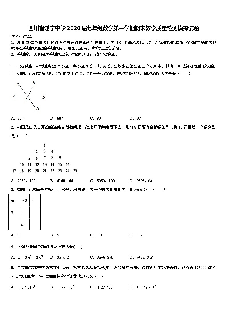 四川省遂宁中学2026届七年级数学第一学期期末教学质量检测模拟试题含解析第1页