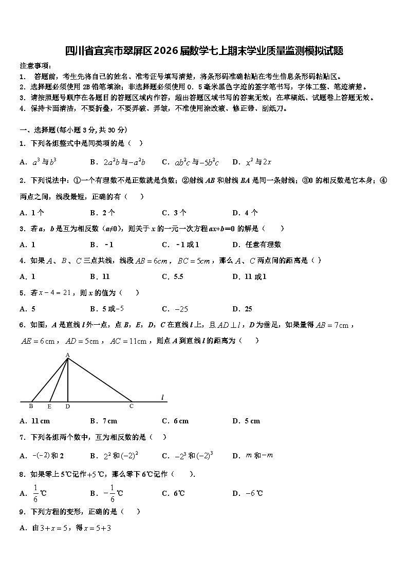 四川省宜宾市翠屏区2026届数学七上期末学业质量监测模拟试题含解析第1页