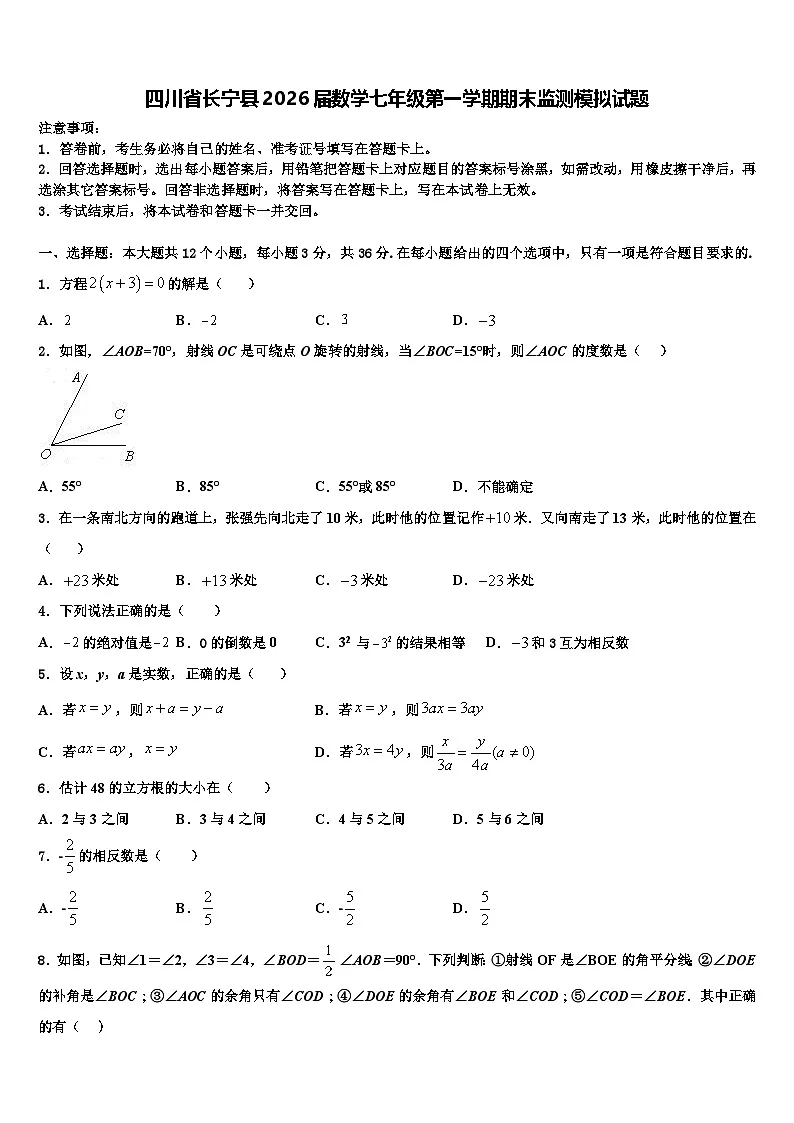 四川省长宁县2026届数学七年级第一学期期末监测模拟试题含解析第1页