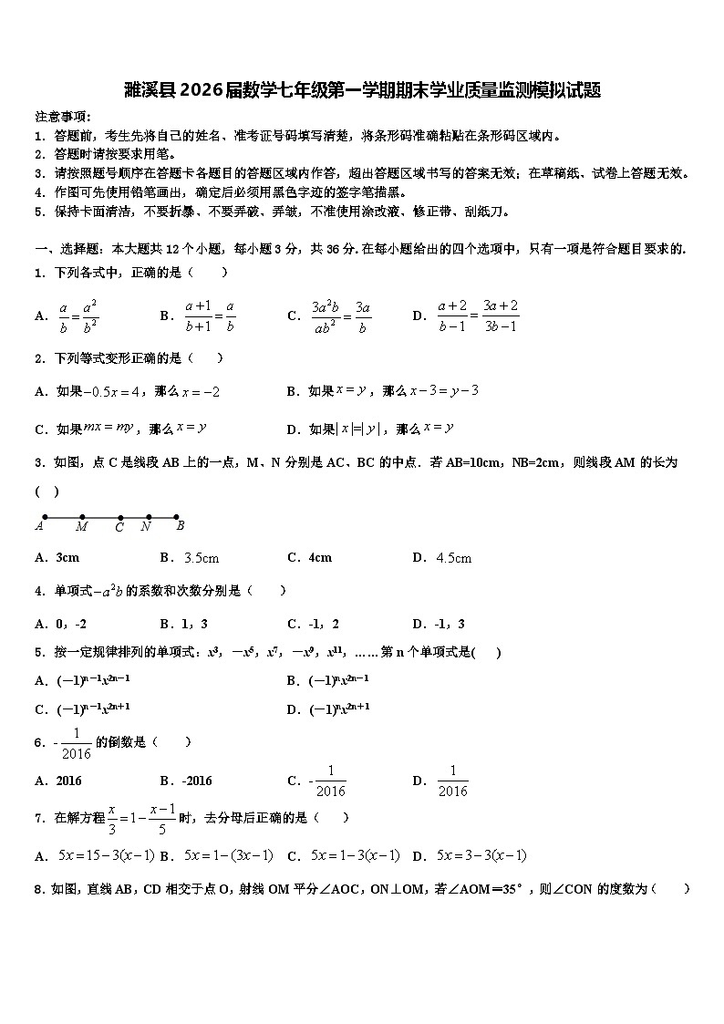 濉溪县2026届数学七年级第一学期期末学业质量监测模拟试题含解析第1页