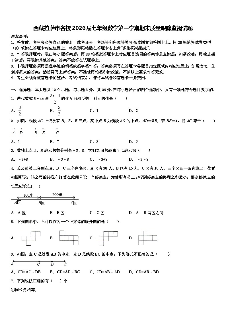 西藏拉萨市名校2026届七年级数学第一学期期末质量跟踪监视试题含解析第1页