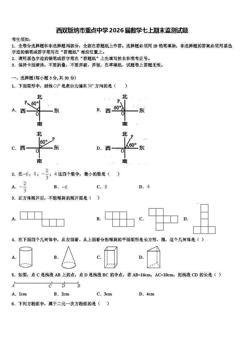 西双版纳市重点中学2026届数学七上期末监测试题含解析第1页