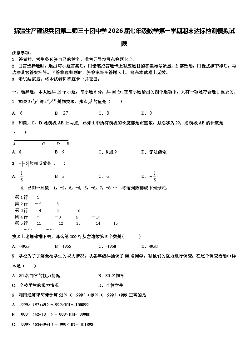 新疆生产建设兵团第二师三十团中学2026届七年级数学第一学期期末达标检测模拟试题含解析第1页