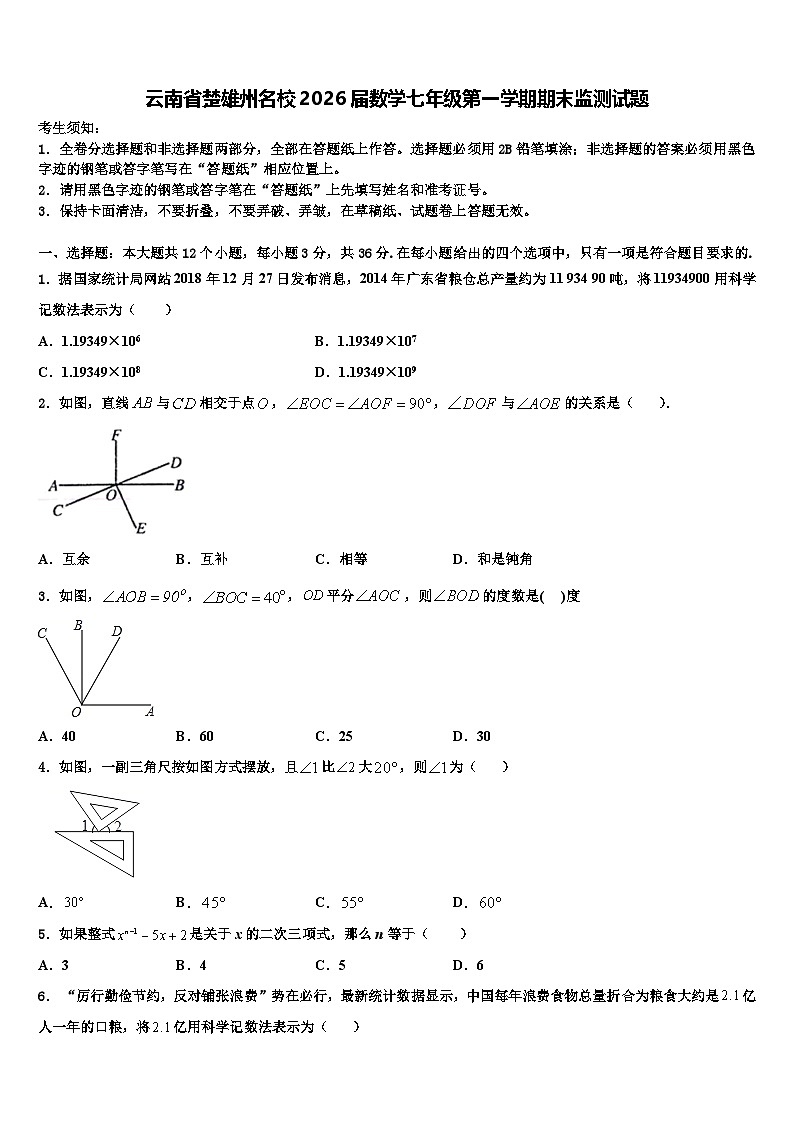 云南省楚雄州名校2026届数学七年级第一学期期末监测试题含解析第1页