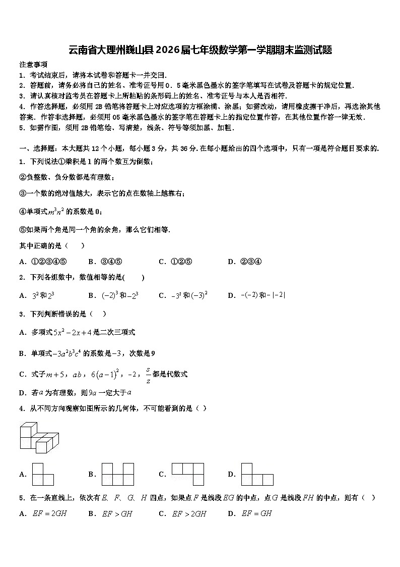 云南省大理州巍山县2026届七年级数学第一学期期末监测试题含解析第1页