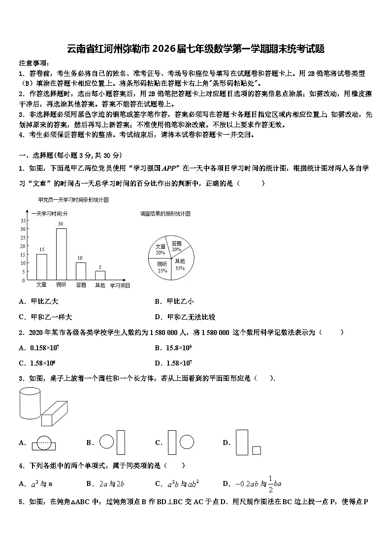 云南省红河州弥勒市2026届七年级数学第一学期期末统考试题含解析第1页