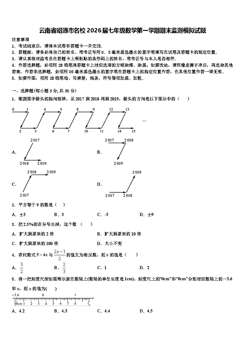 云南省昭通市名校2026届七年级数学第一学期期末监测模拟试题含解析第1页